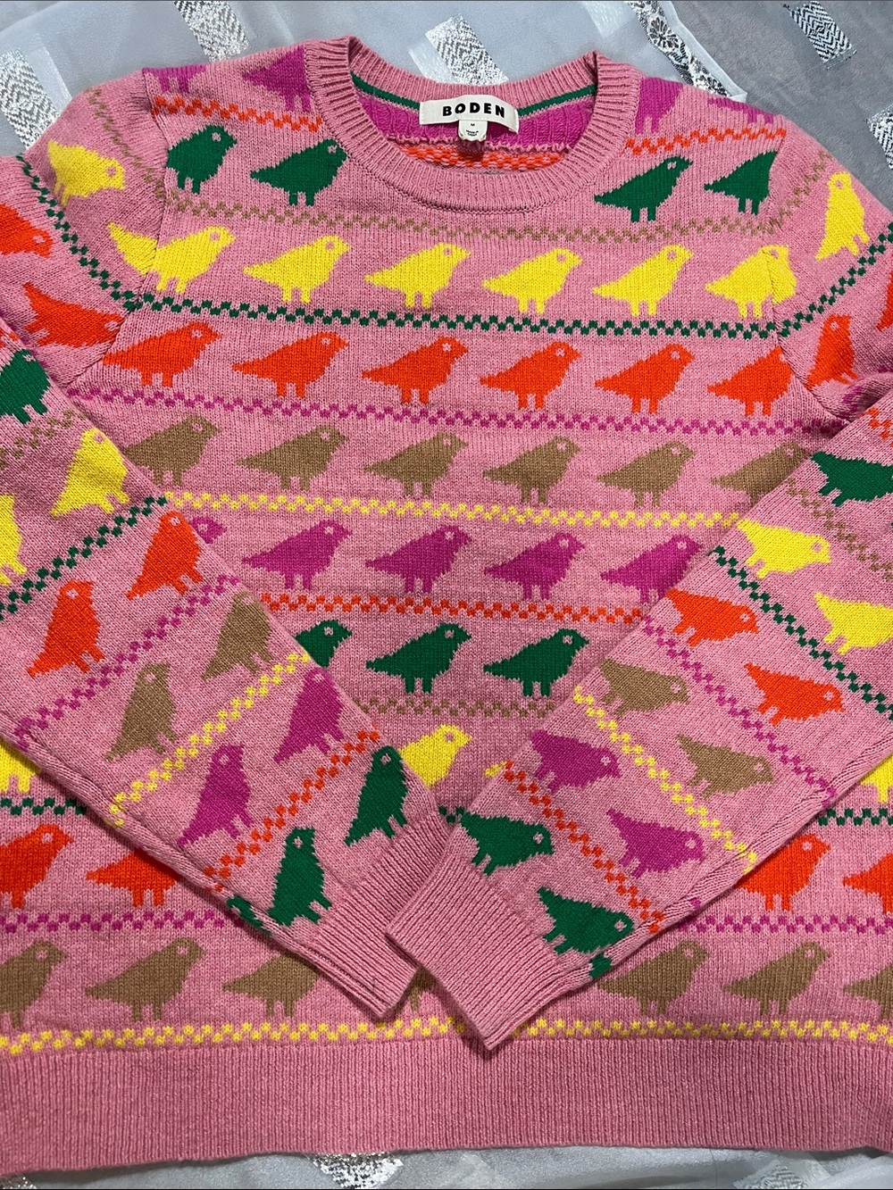 Boden Edie Fair Isle Pink Birds Sweater Women’s Size M - Picture 2 of 9